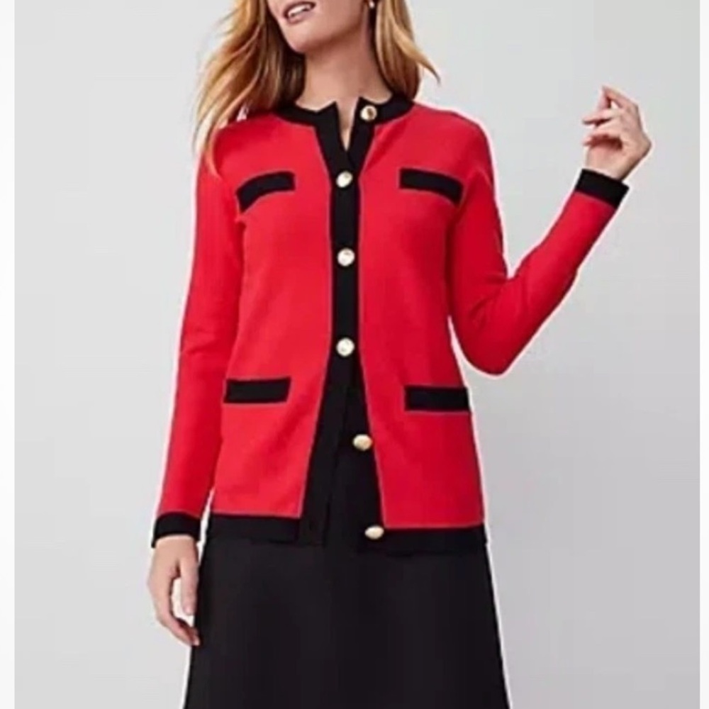 Ann Taylor Red and Black Trim Cardigan Sweater NEW